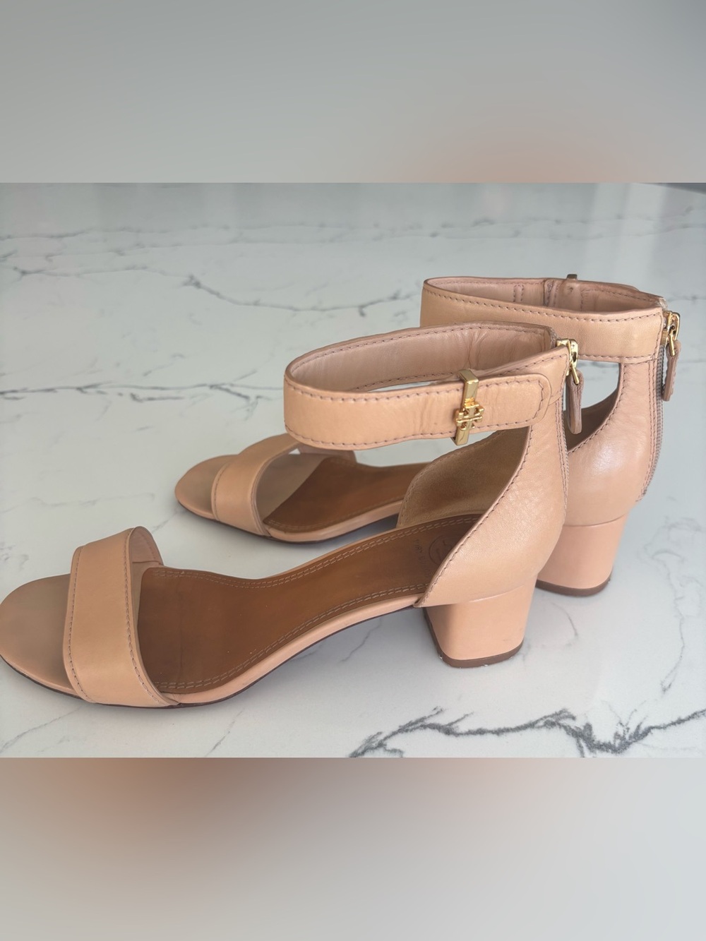 Tory Burch Nude Ankle Strap Block Heel Sandals .